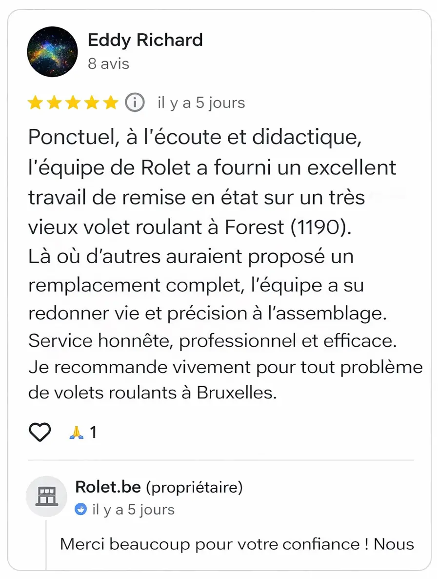 Avis client 5 étoiles Rolet dépannage volet roulant Forest mécanisme sauvé