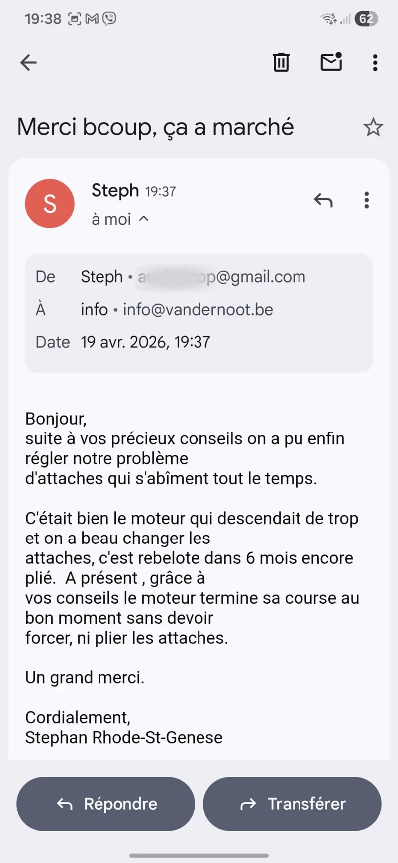 Témoignage client Rhode-St-Genèse : attaches volet roulant réparées durablement après correction des fins de course